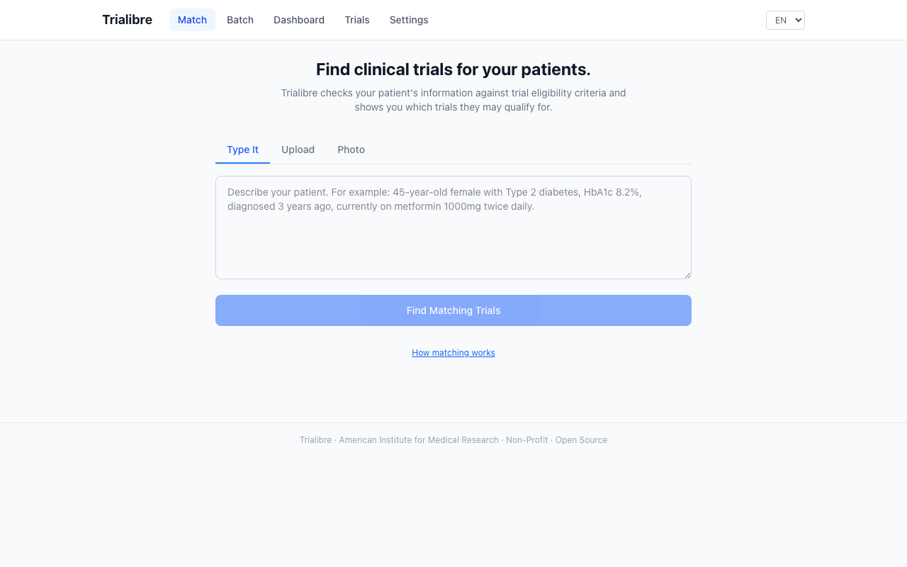 Trialibre interface showing patient matching